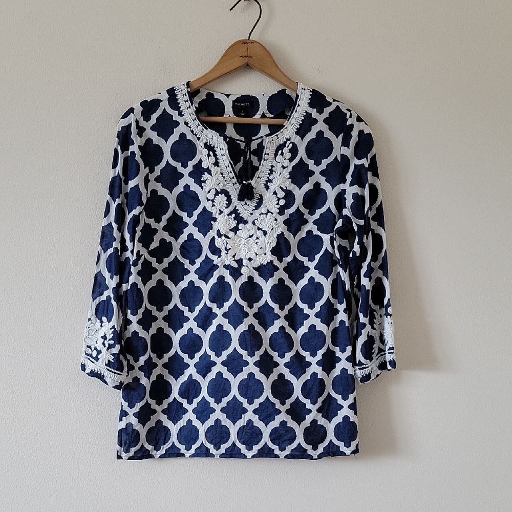 Talbots Navy White Moroccan Print Beaded Cotton‎ Tunic Size Small